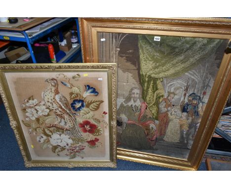 A VICTORIAN TAPESTRY DEPICTING A SCENE OF KING CHARLES I WITH HIS CHILDREN AND OTHER FIGURES, some beadwork details to halber