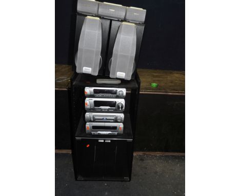 A TECHNICS DV290 MINI COMPONENT HI FI with five matching speakers, remote and a black ash hi fi cabinet (PAT pass and working