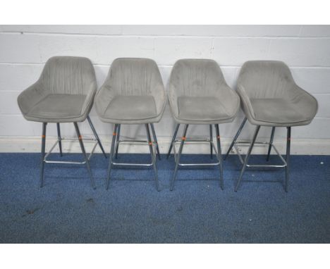 A SET OF FOUR LIGHT GREY UPHOLSTERED BAR STOOLS, width 50cm x depth 53cm x height 91cm (condition report: general signs of we