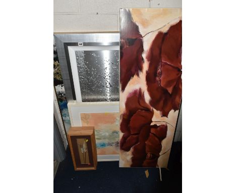 SIX LATE 20TH / EARLY 21ST CENTURY MODERN PICTURES AND WALL ART, including a Jennifer Goldberg colour print 'Whimsy Field', m