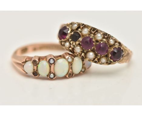 TWO 9CT GOLD GEM SET RINGS, the first a late Victorian ring set with a row of five purple pastes (one replacement/heavily dam