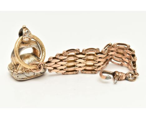A GOLD PLATED FOB AND CHAIN, the fob set with a polished rectangular amethyst, collet set in a gold plated mount with bail fo