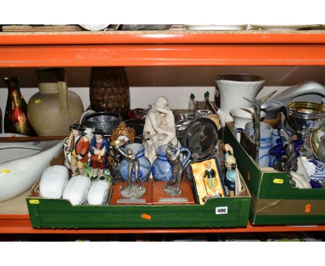 FOUR BOXES AND LOOSE ORNAMENTS AND CERAMICS to include a quantity of golf trophies, assorted international souvenirs, assorte