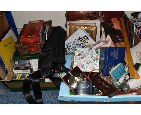 THREE BOXES AND LOOSE MISCELLANEOUS ITEMS to include a pair of vintage ice skating boots, five ceramic fish themed tiles, two
