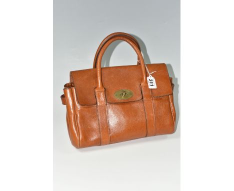 A VINTAGE MULBERRY 'BAYSWATER' HANDBAG, tan leather with brass-tone hardware, postman's lock, leather handles, brass fob to t