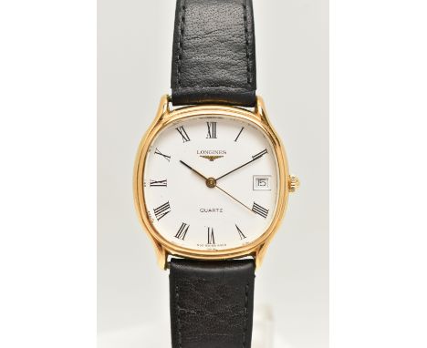 A GENTS BOXED 'LONGINES' WRISTWATCH, quartz movement, rounded square white dial signed 'Longines, Quartz', Roman numerals, da