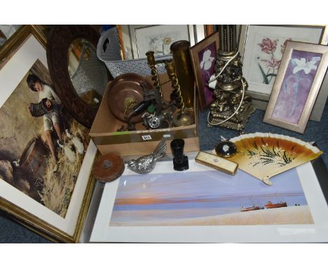 TWO BOXES AND LOOSE METALWARE, PICTURES AND SUNDRY ITEMS, to include a large cast metal table lamp base, height to top of fit