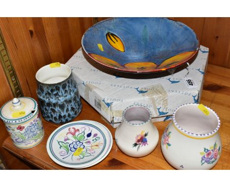 A GROUP OF POOLE POTTERY CERAMICS to include a glazed bowl with Delphis pattern to include original box diameter 27cm, two tr