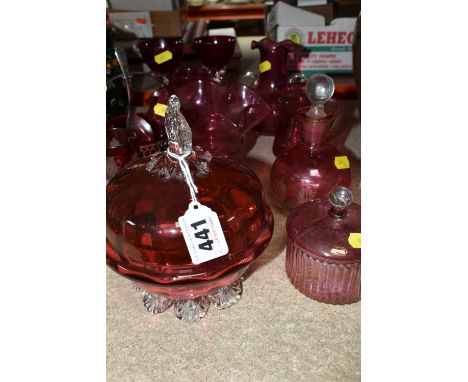 A GROUP OF CRANBERRY COLOURED GLASSWARE, to include a pair of vintage ruby twisted stem glasses, cranberry glass lidded bowl,