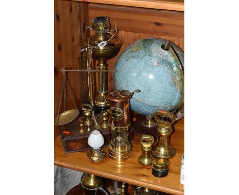 A GROUP OF BRASS METALWARES AND A GLOBE comprising an late nineteenth/early twentieth century leather bound and brass travell