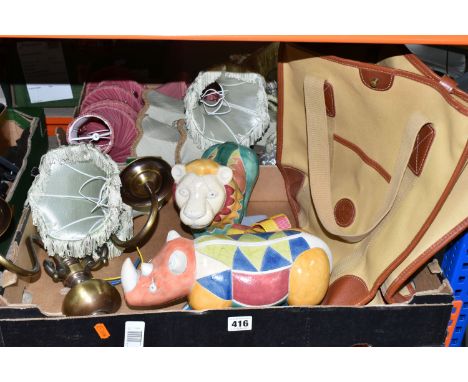 TWO BOXES OF LAMPSHADES AND SUNDRY ITEMS, to include twenty four small tasselled lampshades, a wall light fitting, a bag by J