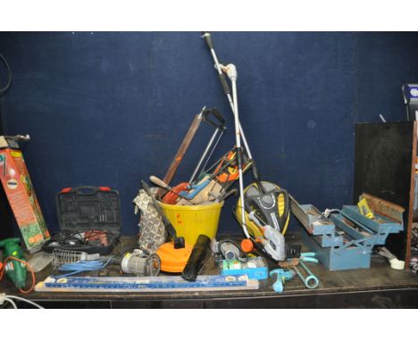 A COLLECTION OF HAND AND POWER TOOLS including a Wickes detail sander, an Xtreme drill, a Black and Decker hedge trimmer (all