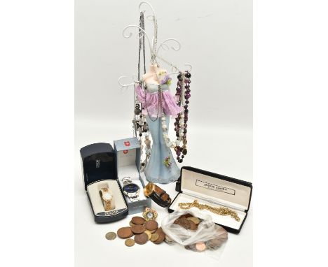 A BOX OF ASSORTED ITEMS, to include three wristwatches, names to include Pulsar, Swiss Timesetter and Franklin Mint, a fashio