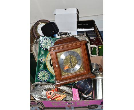TWO BOXES OF MISCELLANEOUS ITEMS to include a quantity of framed maps of Staffordshire, a glazed ceramic tile decoration feat