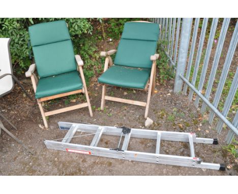 A PAIR OF MODERN HARDWOOD FOLDING GARDEN CHAIRS with cushions and a YOUNGMAN loft ladder(3)