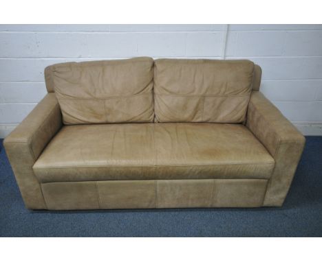 A TAN LEATHER TWO SEATER SOFA, length 187cm (condition report: good condition)