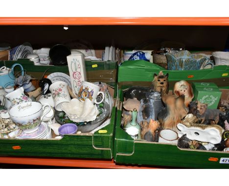 FOUR BOXES AND LOOSE CERAMIC ORNAMENTS, PLANTERS, AND THIMBLES to include a large quantity of assorted Yorkshire terrier porc
