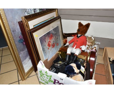 A BOX AND LOOSE PICTURES, CAMERAS AND SUNDRY ITEMS, to include a brass jardiniere and stand, total height 64cm, a wooden case