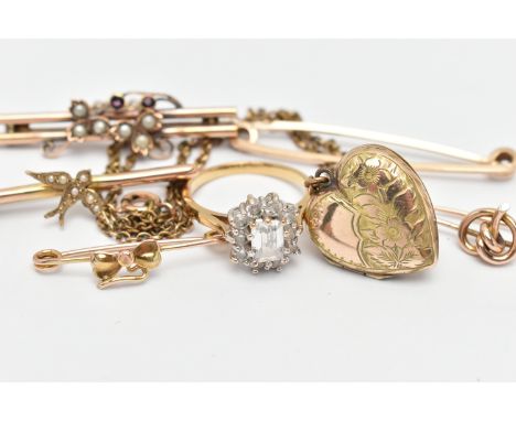 AN ASSORTMENT OF BAR BROOCHES, to include a lovers knot, stamped 9ct, approximate gross weight 1.2 grams, a swallow set with 