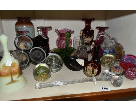 GLASS PAPERWEIGHTS AND VASES to include a glass Fenton bell hand painted by Charlotte Smith with a countryside scene extendin