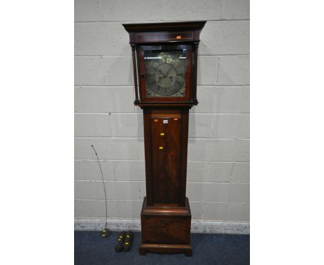 A GEORGIAN FLAME MAHOGANY EIGHT DAY LONGCASE CLOCK, the square glass door enclosing a brass dial, depicting Roman and Arabic 