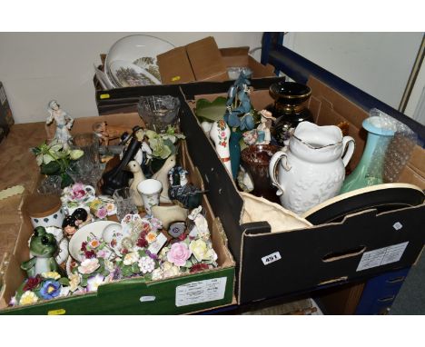 THREE BOXES OF MIXED CERAMIC ORNAMENTS to include  two Sadler tea pots comprising The Old Mill and Robin Hood, two cottage wa