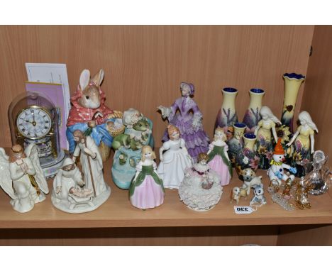 A COLLECTION OF CERAMIC AND GLASS FIGURES, GIFT WARE AND A CLOCK, to include a Swarovski Large Angel no 194761, height 9cm, R