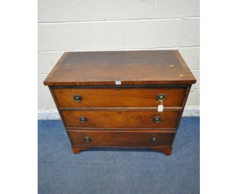 A 19TH CENTURY MAHOGANY CHEST OF THREE DRAWERS, raised on bracket feet, width 94cm x depth 46cm x height 86cm (condition repo
