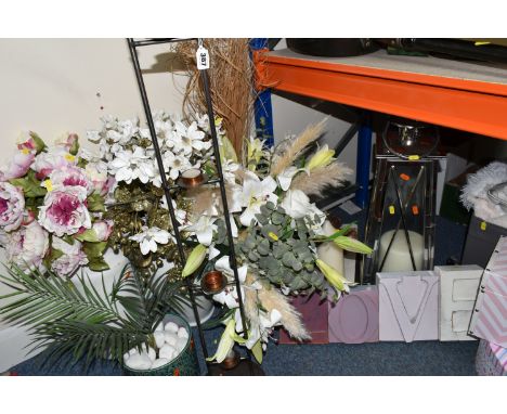 A COLLECTION OF HOMEWARE ITEMS, to include four large vases with artificial flowers, a tall floor standing tealight candle ho