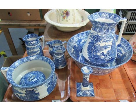 Transfer printed 'Cauldon' blue and white jug and basin set with matching items including jugs, soap dish, candlestick, tooth
