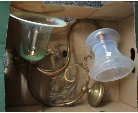 Two foliate brass wall light fittings with glass shades. (B.P. 21% + VAT) 