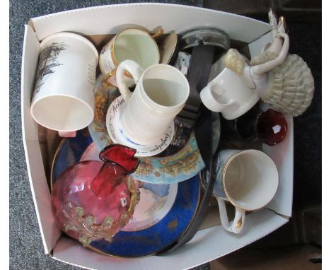 Box of mixed items to include; Arthur Wood ship design mug, T.G Green ceramic tankard, figure of a ballerina, Wedgwood 'Attac