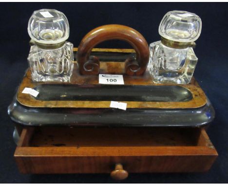 Victorian walnut ebonised two section desk inkwell with two glass inkwells and carrying handle with pull out drawer. (B.P. 21