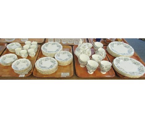 Eight trays of Royal Albert English bone china 'Silver Maple' design tea, coffee and dinnerware items including; teapot, teac