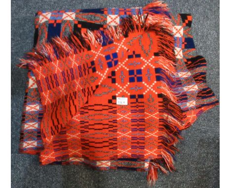 Vintage orange ground geometric design Welsh tapestry blanket. (B.P. 21% + VAT)Orange not red. One small black stain to orang