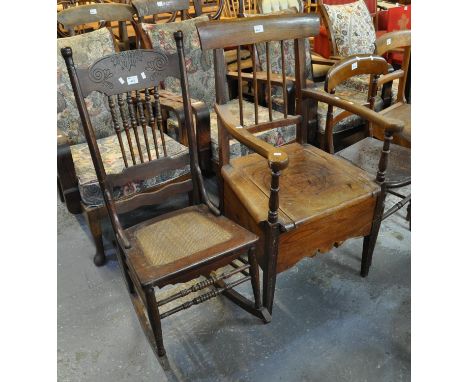 American stained and moulded fireside rocking chair, together with a 19th Century Welsh pitch pine stick backed commode armch