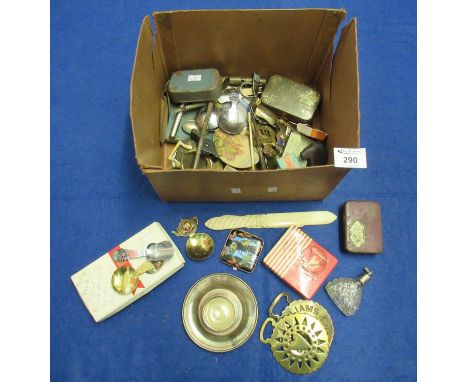 Box of oddments to include; silver plated egg cup, glass scent bottle, letter openers, tin boxes, silver plated caddy spoons,
