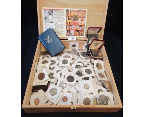 Wooden wine box containing assorted coins to include; copper coinage, 50p pieces, £2 coin, Britain's first decimal coins etc.