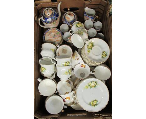 Box of mixed china to include; floral Dresden teaware, floral Royal Imperial teaware, Queen Anne teacups, oriental design cof