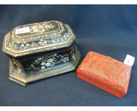 Chinese carved cinnabar lacquered box of rectangular form, enamel decorated to the interior, the carvings with figures within