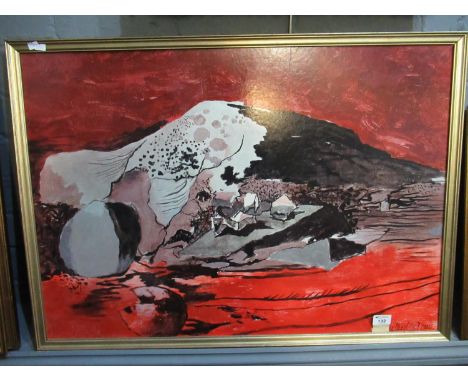 After Graham Sutherland (born 1903), red landscape, coloured print, dated 1942. 26 x 38" approx, framed. (B.P. 21% + VAT) 