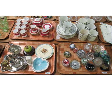 A tray of various design glass paperweights, together with two trays of miscellaneous items including; silver plated milk jug