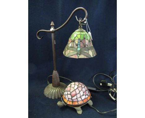 Modern Tiffany style table lamp, the hanging shade with dragonfly decoration, together with another Tiffany style table lamp 