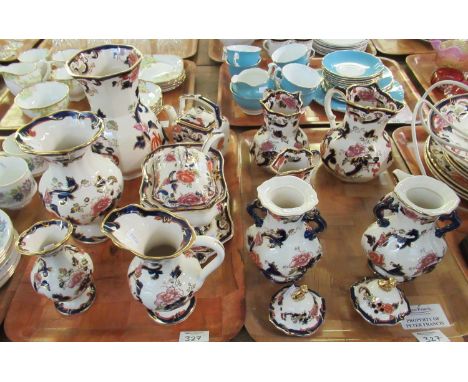 Three trays of Mason's Ironstone 'Mandalay' design items including; lamp base, dresser jugs, plates, clock, vases, miniature 