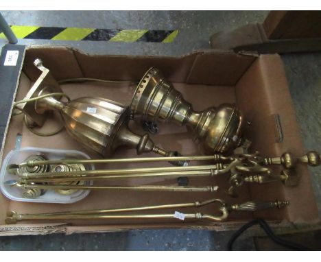 Box of metalware, one modern lamp stand, one oil lamp stand, a companion set and some weights. (B.P. 21% + VAT) 