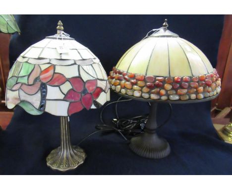 Modern Tiffany style floral table lamp on gilded base, together with another modern mother of pearl finish and amber coloured