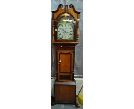 19th Century oak walnut and mixed woods longcase clock by D.D Evans, Carmarthen, the face with Roman numerals and painted wit