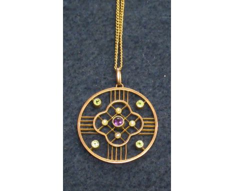 9ct gold Edwardian Suffragette pendant of circular form with chain. Chain length approximately 48 cm. 5.6g approx. (B.P. 21% 