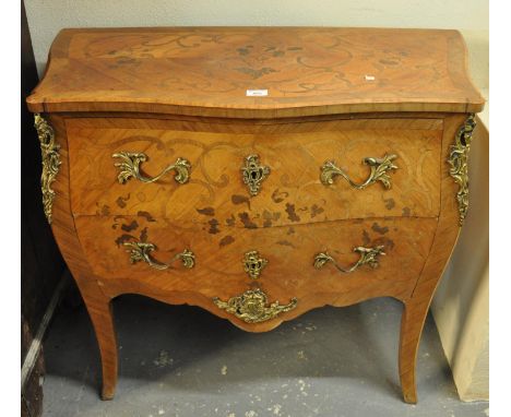 French antique style Louis XV kingswood/satin wood serpentine commode/chest of two drawers, having brass ornate handles, rais