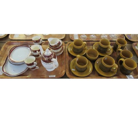 Two trays of china to include; T.G. Green Ltd striped mugs, saucers and sucrier, Alfred Meakin maroon and gilt part coffee se